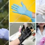 Disposable blue medical glove for healthcare and sanitation applications.
